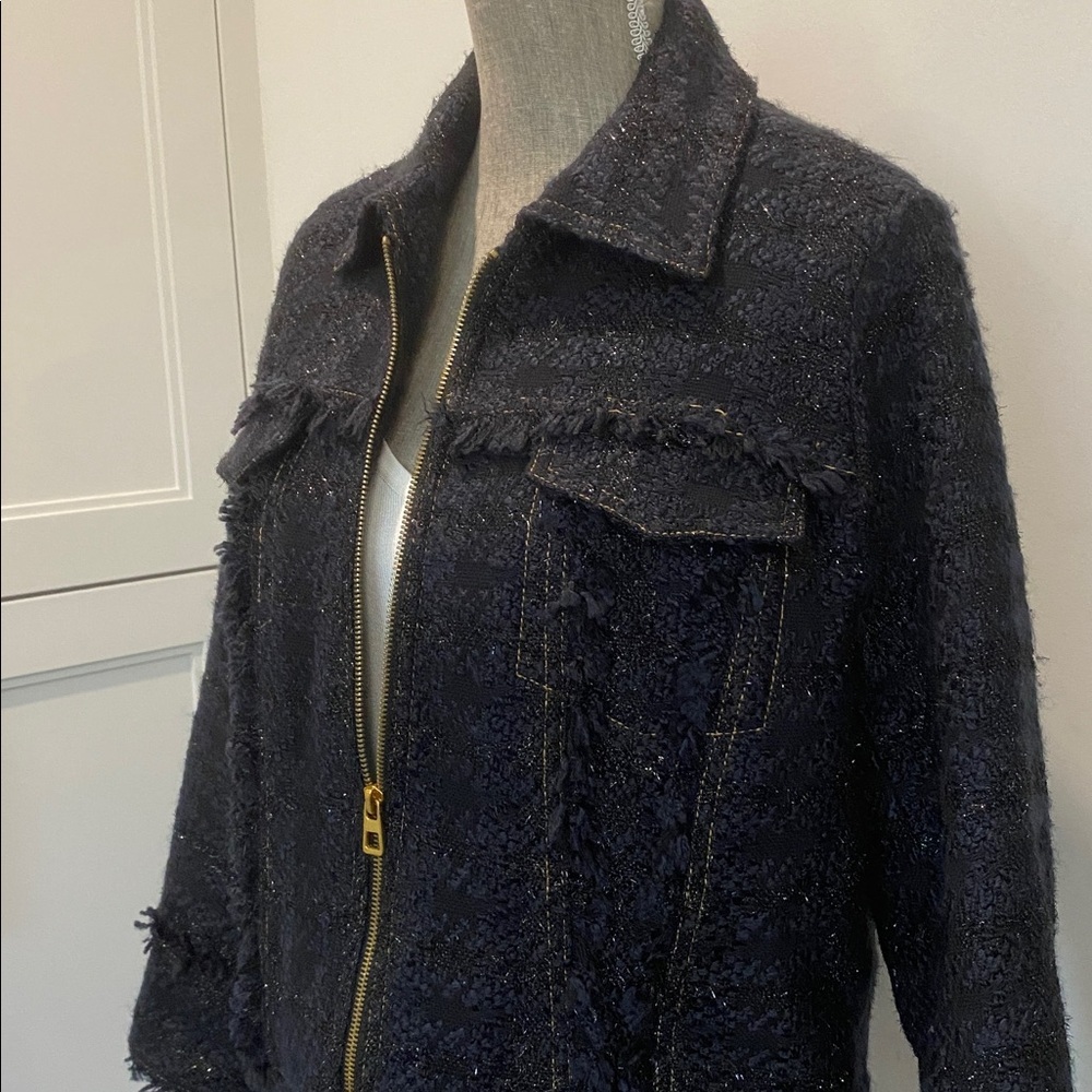 Tory Burch Black Bouclé Tweed Blazer Zip Lady Like Size 12 Fringe Detail Jacket - Picture 5 of 15